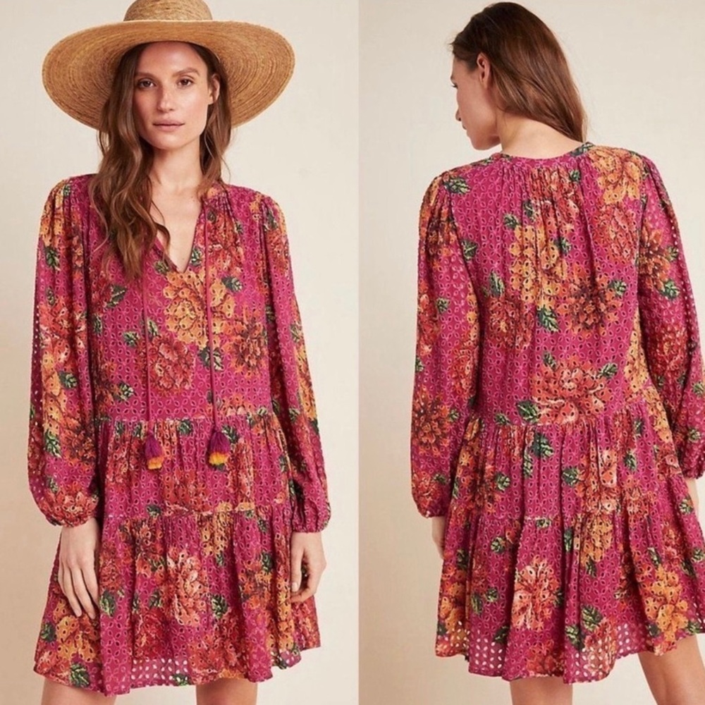 FARM Rio Fuchsia Floral Mini Dress with Orange & Green Accents